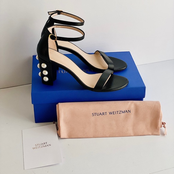 ✨New STUART WEITZMAN NearlyNude Pearl Studded Heel Leather Strappy Sandals 8B - Picture 4 of 10